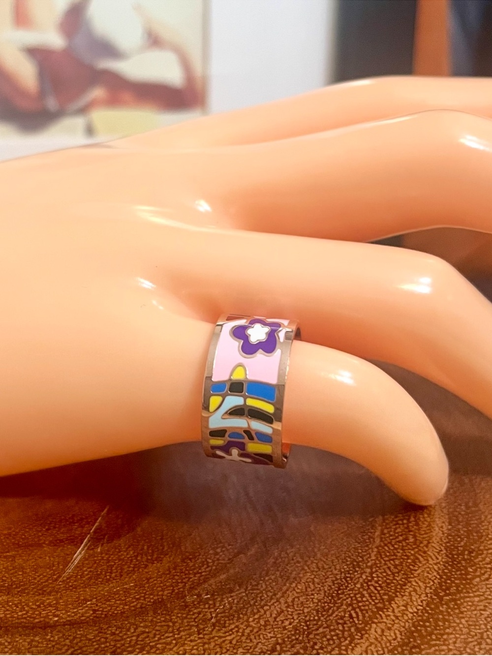 Colorful Enamel Rose Gold Filled Abstract Floral Retro Wide Band Ring NWOT